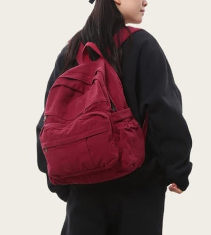 Burgundy Red Canvas Backpack for Women Retro Aesthetic Rucksack Basic Backpack for High School/College Students Travel Laptop Bag - color: Burgundy Red