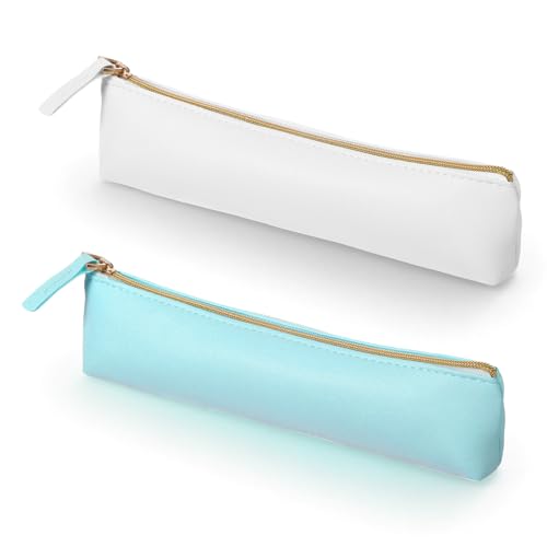 2Pcs Cute PU Leather Makeup Brush Cosmetic Bag for Women, Portable Soft Cosmetic Organizer Pouch Waterproof Slim Small Makeup Brush Case with Zipper for Travel Storage Space-Efficient (Blue, White) - color: Blue, White