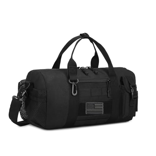 ArcEnCiel Small Tactical Duffle Bag Men Gym Pack Military Molle Shoulder Bags Shoes Storage Sports Handbag with Patch (Black) - color: Black, size: 15 x 7 x 7″ (Small)