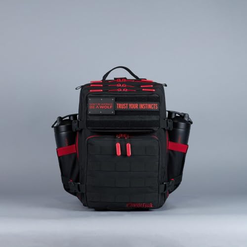WOLFpak 25L Athletic Gym Backpack (Red Wolf) Durable 1000D Waterproof Oxford Material with MOLLE Webbing, Laptop Pocket & Dual Cup Holders, Durable Fitness/Travel/Military Daypack - color: Red Wolf