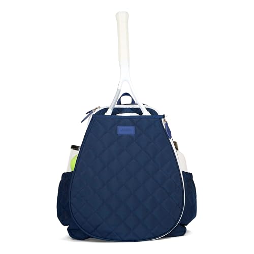 Ame & Lulu Game On Tennis Backpack - Contains Padded & Adjustable Straps - Two Exterior Water Bottle Pockets - color: Quilted Navy/White