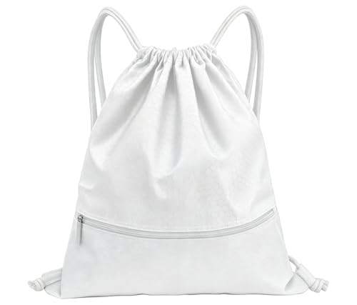 Sports Drawstring Backpack for Men, Waterproof Swim Gym Bag with Shoes Compartment for Women, Lightweight Pull String Sport Bag for Swim, Soccer, White&Medium - color: White, size: Medium