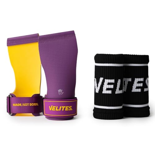 Velites - Official Crossfit® Games Quad Ultra Grips - No Chalk and Smooth Bars - Wristbands and Carry Bag Included - Pull-ups, Muscle-ups and Toes to bar - color: Purple, size: X-Large