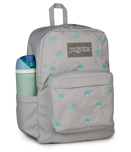 JanSport Superbreak Plus FX Backpack - Work, Travel, or Laptop Bag with Water Bottle Pocket, Superbreak Plus Fx, Embroidered Shrooms Md Grey/E Azul/Bratty - color: Embroidered Shrooms Md Grey/E Azul/Bratty