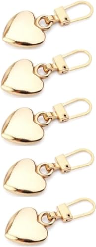 5 Pcs Gold Heart Shaped Zipper Pull Replacement Metal Zipper Backpack Zippers Mend Fixer Repair for Coats Jackets Pants Luggage Fasteners