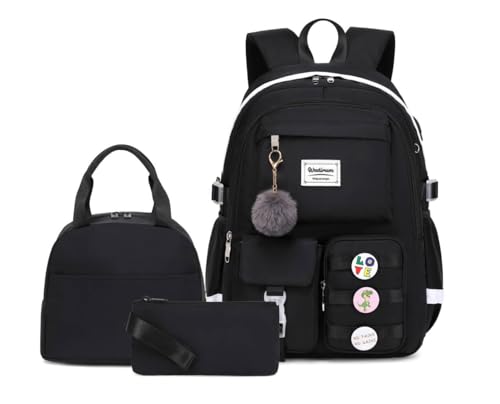 Wadirum Women Casual Backpack Set Girl School Bookbag Set Cute Laptop Ruaksack Black - color: Black