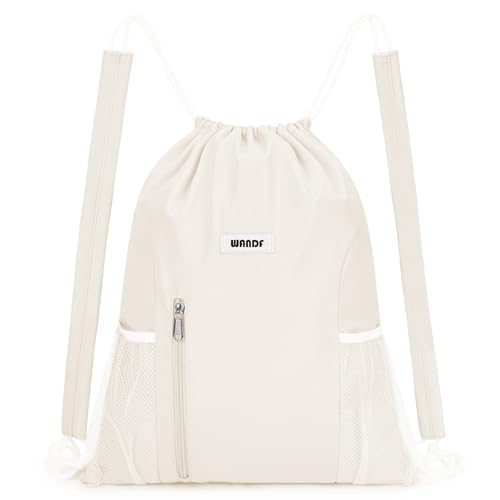 WANDF Drawstring Backpack with Shoulder Pad Sports Gym Backpack with Mesh Pocket String Bag for Women Men (Beige) - color: M, Beige, size: Medium