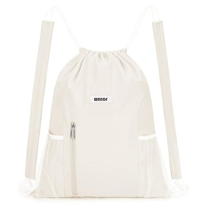 WANDF Drawstring Backpack, Gym String Bag with Shoulder Pad - color: M, Beige, size: Medium