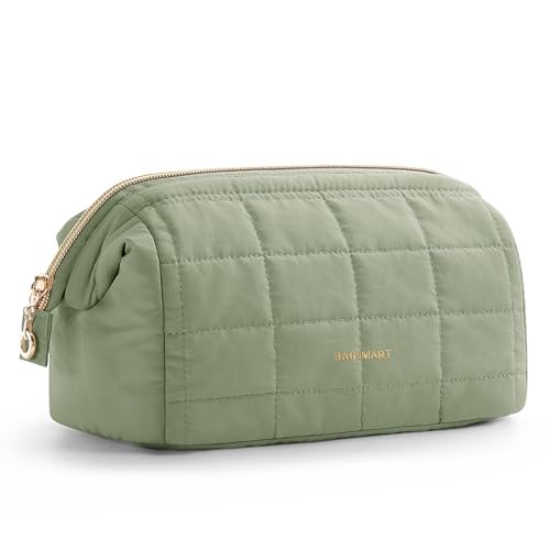BAGSMART Makeup Bag Travel Cosmetic Bag, Puffy Padded Make Up Bags for Women Makeup Organizer Case, Wide-open Pouch Purse Travel Essentials Toiletries Accessories Brushes, Mossy Green - color: 14-Sage Green