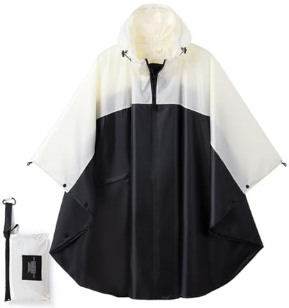 Fashion Hooded Rain Poncho Waterproof Raincoat Jacket with pocket for Women/Men/Adult - color: Black/White