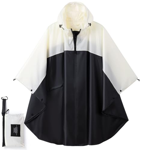 Fashion Hooded Rain Poncho Waterproof Raincoat Jacket with pocket for Women/Men/Adult - color: Black/White
