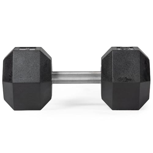 Titan Fitness 55 LB Pair Free Weights, Black Rubber Coated Hex Dumbbell, Straight Stainless Steel Handle, Strength Training, Full Body Workout