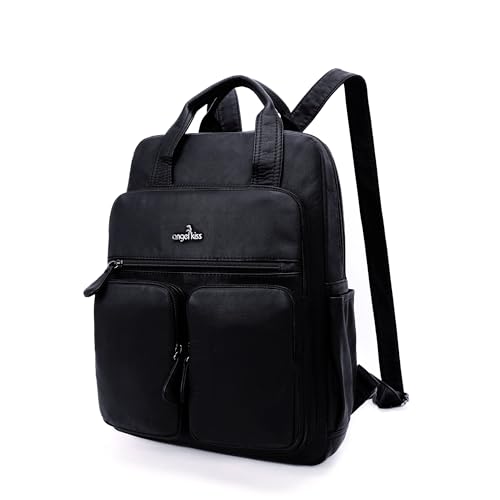 Angel Kiss Backpack Purse for Women Soft Washed Leather Multi Pocket Casual Travel Backpacks… - color: Black