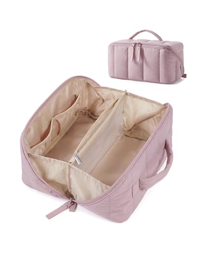 BAGSMART Travel Makeup Bag for Women, Portable Water-resistant Cosmetic Case, Puffy Padded Make Up Organizer Pouch, Open Flat Toiletry Bag for Toiletries, Brushes, Mist Purple - color: 14-Mist Purple