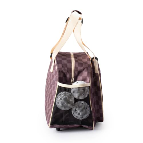 Pik’le’Ball Sport Premium Women's Pickleball Bag – Stylish and Versatile Sports Bag with Water Bottle Holder, Padded Paddle Pocket, and Spacious Design (fits 2+ Paddles!) - color: Checkered Chic Brown