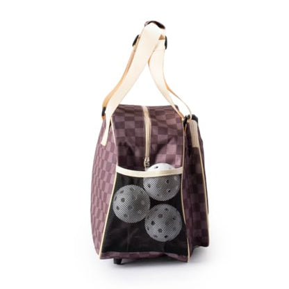 Pik’le’Ball Sport Premium Women's Pickleball Bag – Stylish and Versatile Sports Bag with Water Bottle Holder, Padded Paddle Pocket, and Spacious Design (fits 2+ Paddles!) - color: Checkered Chic Brown