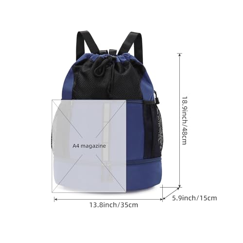 Valleycomfy Drawstring Gym Bag Sports Backpack With Shoe Compartment and Reflective Strips Dark Blue - color: Dark Blue