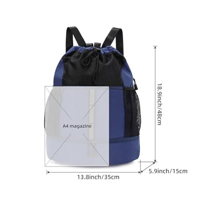 Valleycomfy Drawstring Gym Bag Sports Backpack With Shoe Compartment and Reflective Strips Dark Blue - color: Dark Blue