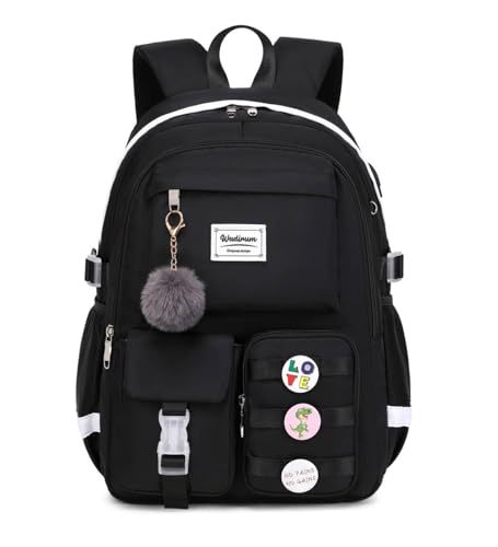 Wadirum Women Casual Backpack Set Girl School Bookbag Set Cute Laptop Ruaksack Black - color: Black