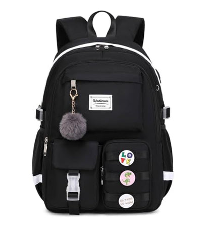 Wadirum Women Casual Backpack Set Girl School Bookbag Set Cute Laptop Ruaksack Black - color: Black