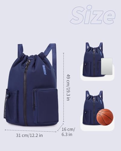WANDF Drawstring Backpack Sports Gym Bag with Shoes Compartment, Water-Resistant String Beach Sackpack Swim Bag for Women and Men (Navy Blue) - color: Navy Blue