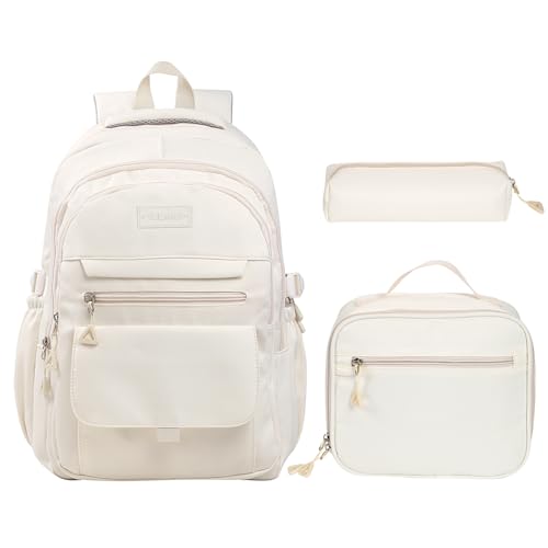 Phaoullzon Teen Girls School Backpack with Lunch Box for Boys, College Aesthetic Laptop Bookbag for Women,Beige - color: Beige