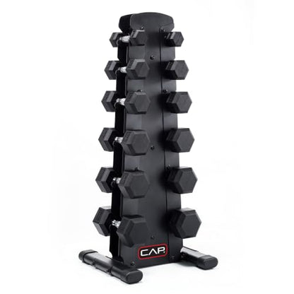 CAP Rubber Coated Hex Dumbbell Set with Storage Rack | 100–210 lb Options, Space-Saving Vertical Compact Storage for Home Gym Strength Training - size: 210 lb - Set - Black Rack, style: Chrome Handles