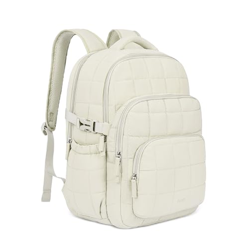 CLUCI 17.3 Inch Laptop Backpack for Women, Anti Theft Travel Backpack, Puffer Quilted Work Backpack, Water Resistant College Bookbag, Carry on backpack with RFID (Beige) - color: White