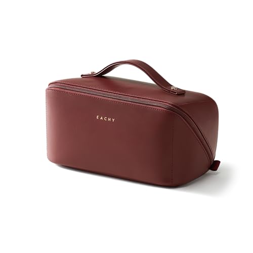 EACHY Travel Makeup Bag, Large Capacity Cosmetic Bag for Women, Waterproof PU Leather, Flat Open Portable Toiletry Bag for Skincare, Brushes & Travel Essentials - color: AK-Red, size: Medium