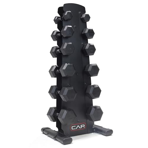 CAP Rubber Coated Hex Dumbbell Set with Storage Rack | 100–210 lb Options, Space-Saving Vertical Compact Storage for Home Gym Strength Training - size: 210 lb - Set - Black Rack, style: Comfort Handle