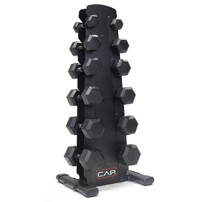 CAP Rubber Coated Hex Dumbbell Set with Storage Rack | 100–210 lb Options, Space-Saving Vertical Compact Storage for Home Gym Strength Training - size: 210 lb - Set - Black Rack, style: Comfort Handle