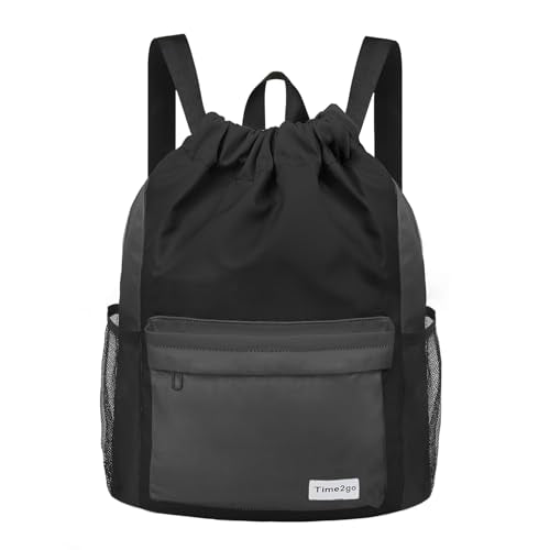 Waterproof Drawstring Backpack Sports Gym Sackpack with Mesh Pockets Water-Resistant String Cinch Beach Bag for Men Women - color: Solid - Black Gray