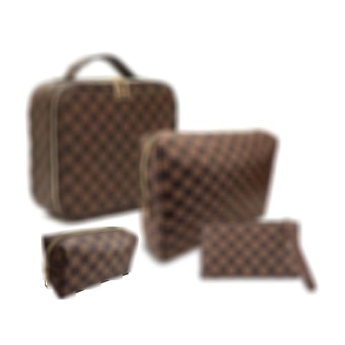 Makeup Bag,4 Pcs Brown Checkered Bags Set,Portable with Adjustable Partition,Large Capacity Pouch for Travel Cosmetic Organizer, Coin Purse, Brushes Bag,Toiletries,Waterproof,Designer for Gift