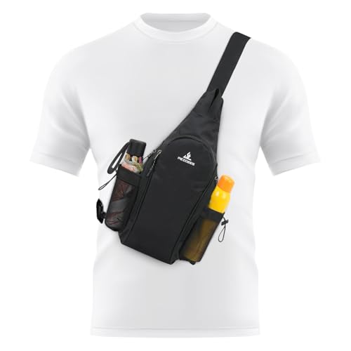 Peicees Small Sling Bag with 2 Bottle Holders (Suitable for 2.5 IN Diameter Bottle), Sling Backpack Crossbody Bag Chest Daypack for Daily Use Travel, Bottle Not Included, Black - color: Black
