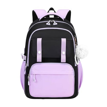 Cute Backpack for Girls, Large Capacity Kids Bookbag for Elementary Middle School Students Waterproof Kawaii Preppy Aesthetic Plaid Backpack Age 4-16 with Cute Accessories (Black Purple) - color: Black Purple