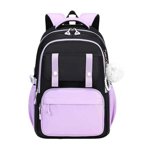 Cute Backpack for Girls, Large Capacity Kids Bookbag for Elementary Middle School Students Waterproof Kawaii Preppy Aesthetic Plaid Backpack Age 4-16 with Cute Accessories (Black Purple) - color: Black Purple