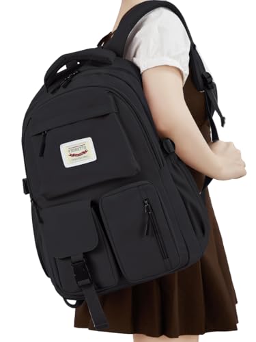 FIORETTO School Backpack for Teen Girls & Women with Compartment, Lightweight School Bag Bookbag with Multiple Pockets, Ideal for Middle High School, College, Travel, Black 25L - color: Black, size: Fits 15.6" Laptop