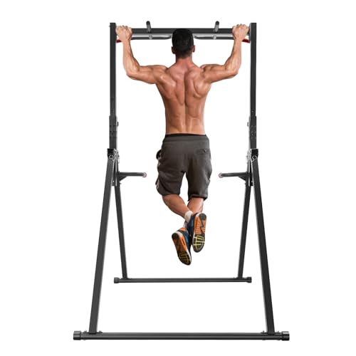 Freestanding Pull Up Bar, Adjustable Height Dip Station, Carbon Steel Power Tower, Parallel Bars, 440lbs Capacity, PVC Grip, Foldable, for Home Gym, Calisthenics, Strength Training