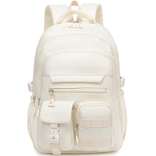 Cute Backpack for Teen Girls Boys, Aesthetic Travel Bookbag for High Middle School College Student (Beige) - color: Beige