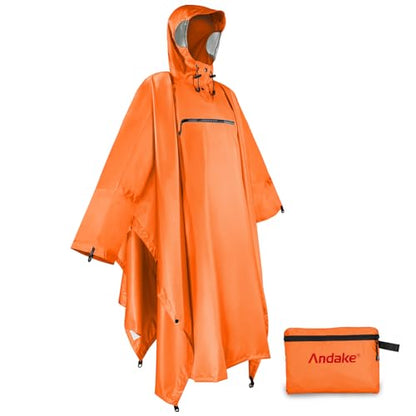 Andake Waterproof Rain Poncho for Adults Unisex,230T Ripstop Polyester,Raincoat Gear with Transparent Viewing Window Outdoors - color: Orange