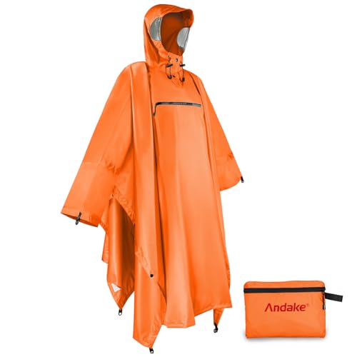 Andake Waterproof Rain Poncho for Adults Unisex,230T Ripstop Polyester,Raincoat Gear with Transparent Viewing Window Outdoors - color: Orange