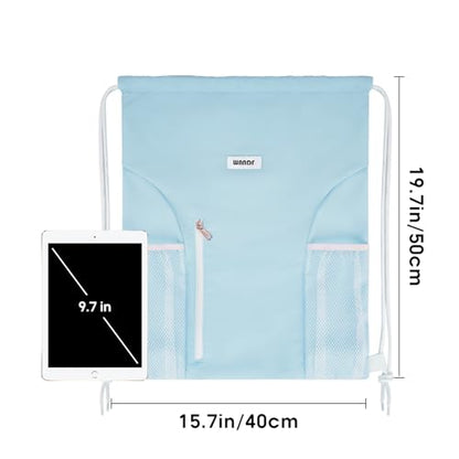 WANDF Drawstring Backpack Sports Gym Sackpack with Mesh Pockets Water Resistant String Bag for Women Men(Light Blue) - color: Light Blue