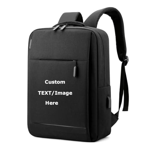 Custom Backpacks for 15.6 inch Laptop Personalized Back Pack with Name TEXT LOGO Image USB Charging Port Men Women (Black) - color: Black