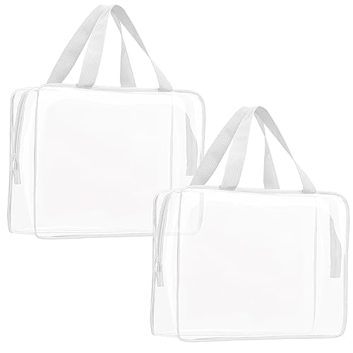 2Pcs Crystal Clear PVC Travel Toiletry Bag Kit for Women Men, Waterproof Vinyl Packing Organizer Storage Bags with Zipper Handle Straps, Cosmetic Pouch Carry on Airport Airline Compliant Bag Handbag - color: 2pcs White-Large, size: 2pcs Large