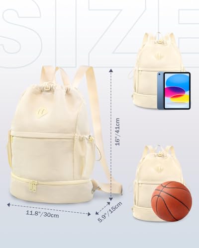RHDZO Drawstring Backpack Sports Gym Bag with Shoe Compartment and Wet Pocket String Swim Bag for Women Men Beach Backpack, Beige - color: Beige