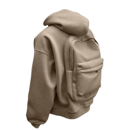 Backpack Hoodie for Men Women Zipper Cardigan Creative Hoodies Lightweight Travel Hooded Sweatshirts with Backpack - color: Khaki, size: Medium