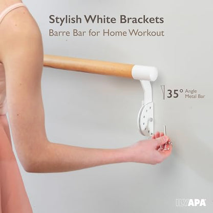 Ilyapa Ballet Barre Bare for Home - Wood Adjustable Wall Mount Ballet Bar Dance Equipment for Barre Workout & Ballet Stretching, Powdercoated White Brackets - size: 4 Ft 4 in.
