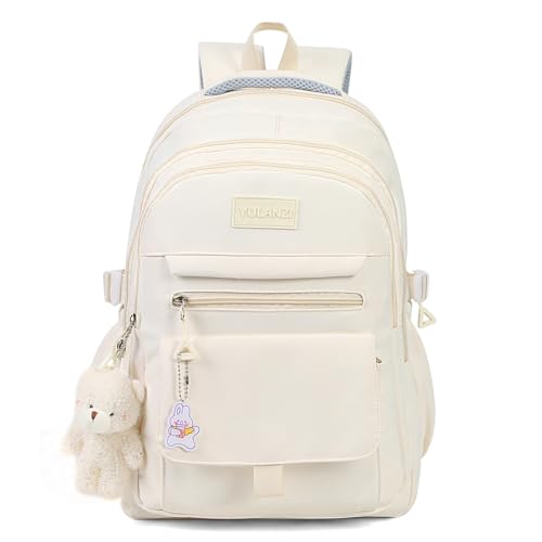 PRLINJSK Girls Backpack for College High Middle School Student, Cute Aesthetic Bookbag for Teens Women with Accessories,Beige - color: Beige, size: 18.5 Inch