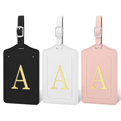 Initial Luggage Tags for Suitcases, 3 Pack TSA Approved Easy to Identify Leather Letter A Travel Tags for Luggage, Travel Essentials Bag Tag Suitcase Identifiers, Cute Hot Stamped Monogram - color: Initial-a