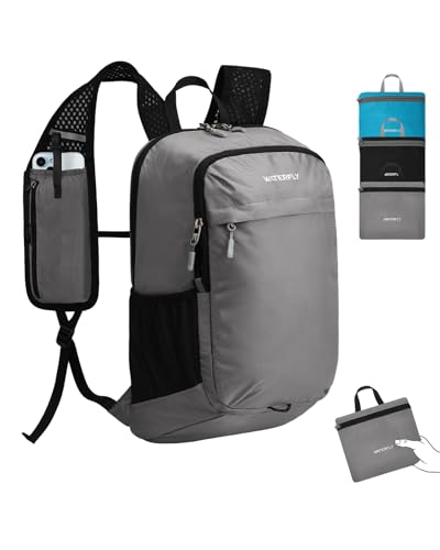 WATERFLY Packable Lightweight Small Backpack: 15L Foldable Mini Hiking Daypack - Ultralight Compact Day Pack for Women Men Outdoor Travel Camping Walking - Gray - color: Grey